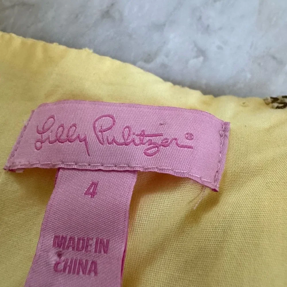 Lilly Pulitzer Yellow Eyelet Spaghetti Strap Dress with Sweetheart Neckline Sz 4
